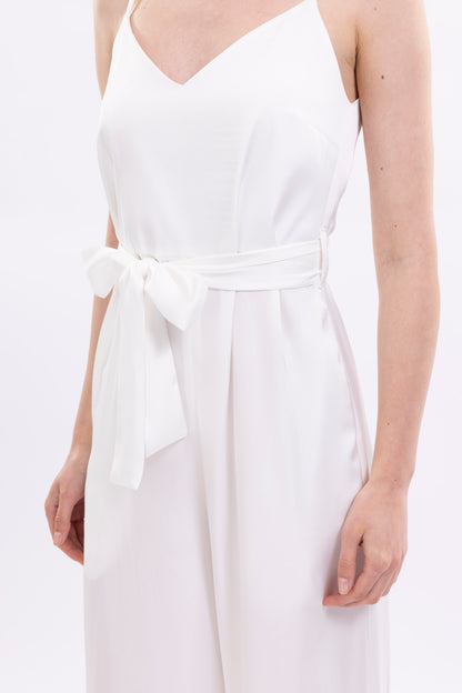 Wide Leg Jumpsuit Featuring Thin Straps and a Fabric Waist Belt