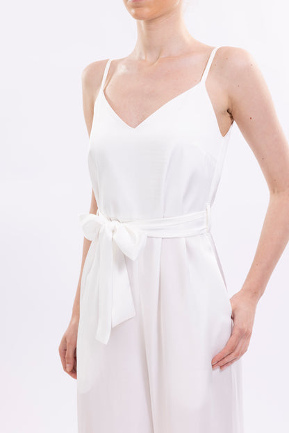 Wide Leg Jumpsuit Featuring Thin Straps and a Fabric Waist Belt
