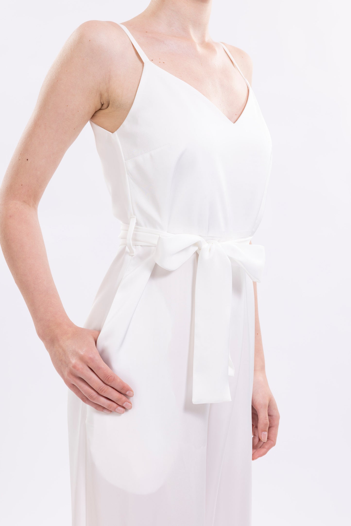 Wide Leg Jumpsuit Featuring Thin Straps and a Fabric Waist Belt
