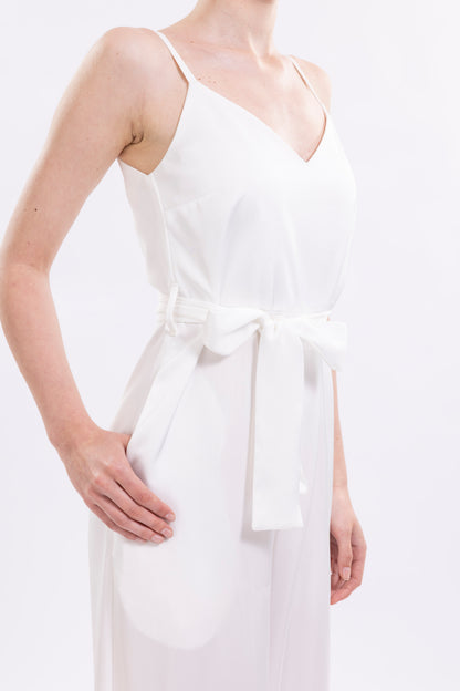 Wide Leg Jumpsuit Featuring Thin Straps and a Fabric Waist Belt