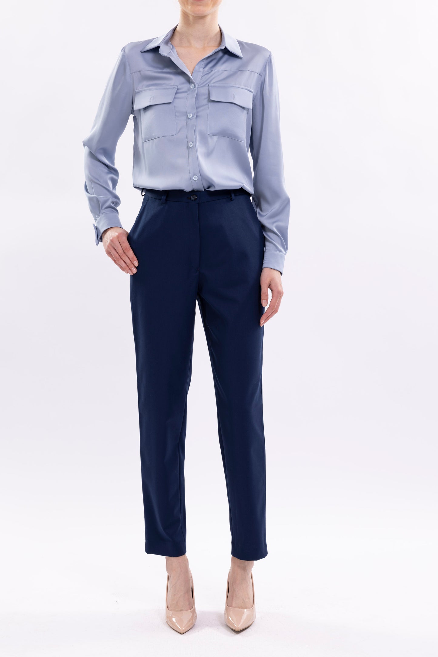 Carrot Fit Trousers With Front Pockets Loops and Fake Back Pockets