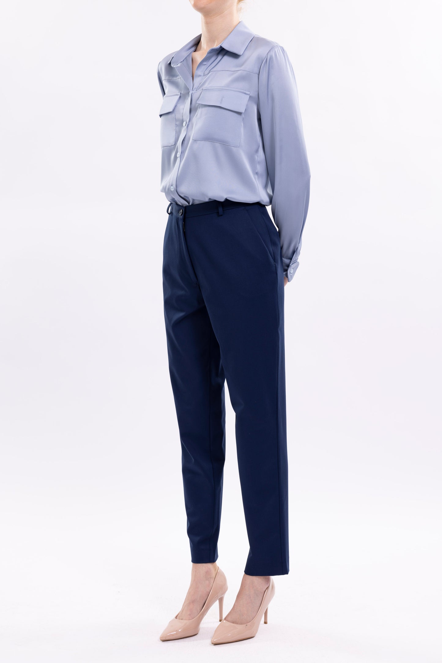 Carrot Fit Trousers With Front Pockets Loops and Fake Back Pockets