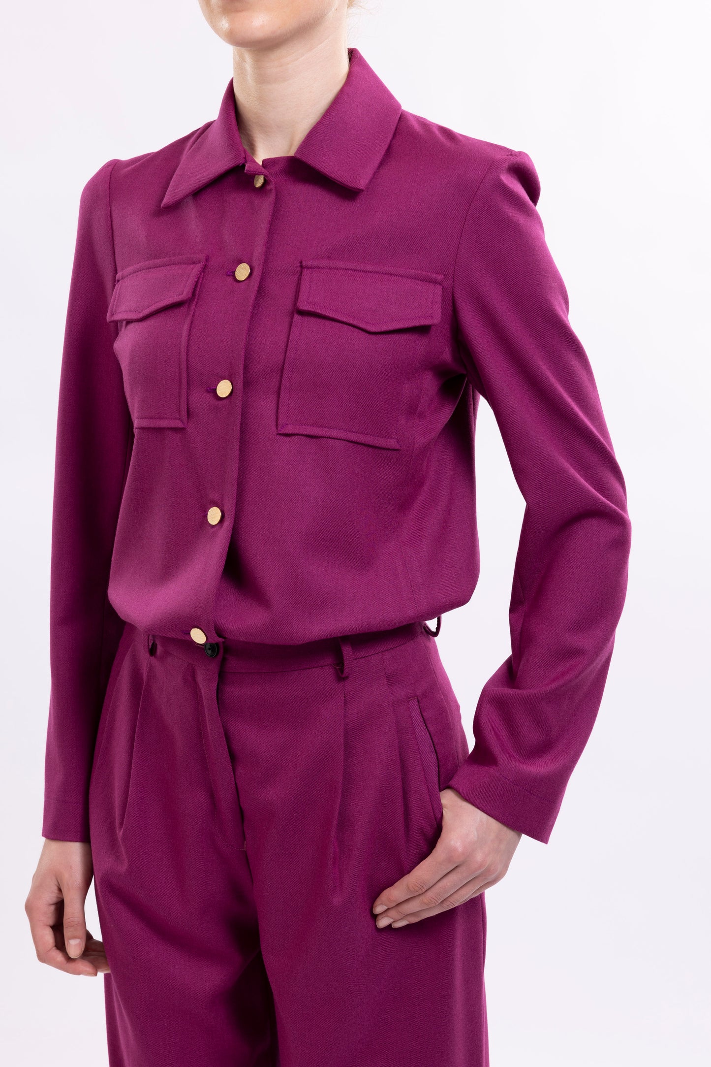 Jacket With Front Patch Pockets and Metal Buttons