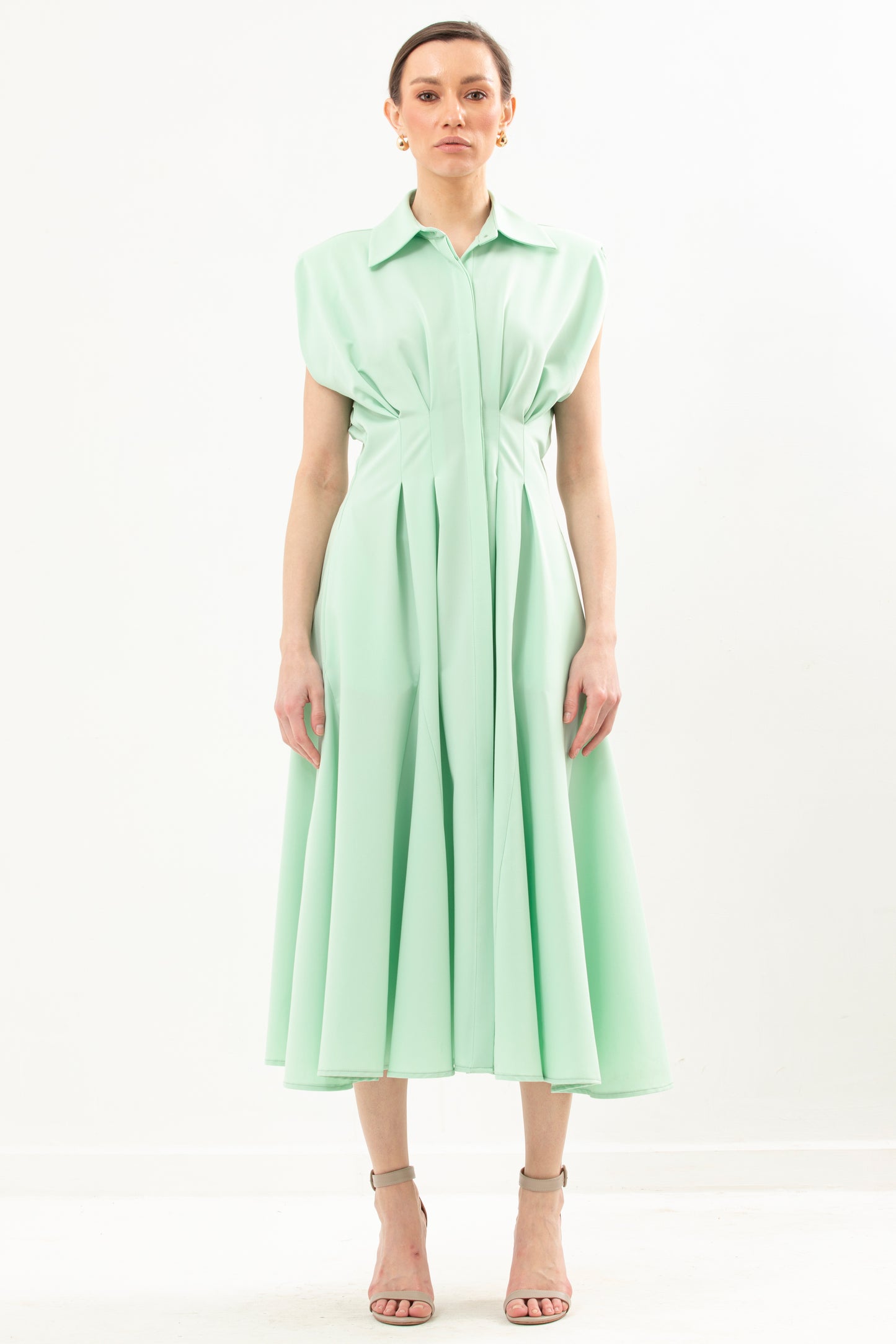 Waisted Long Dress With Structured Shoulder