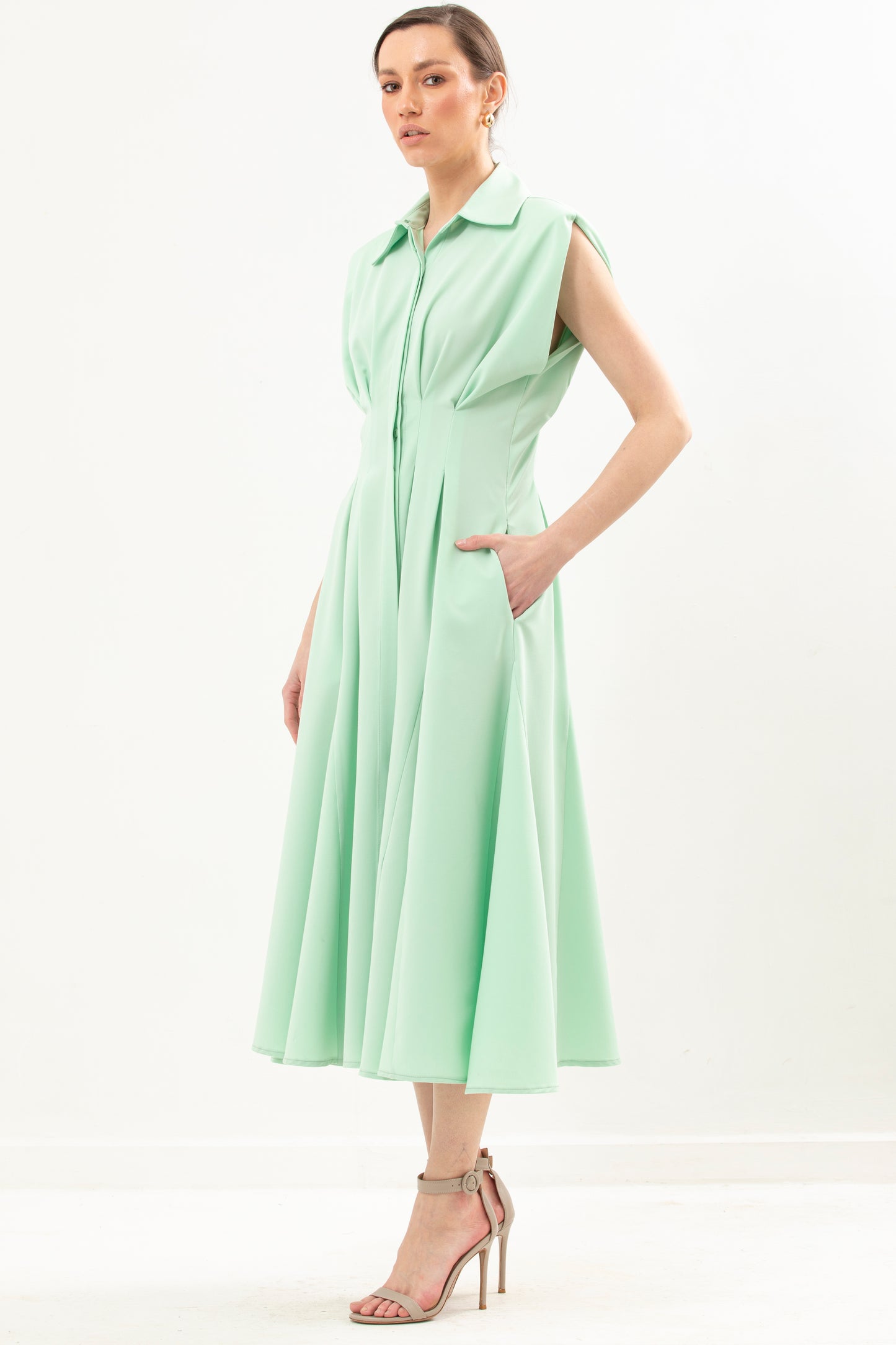 Waisted Long Dress With Structured Shoulder