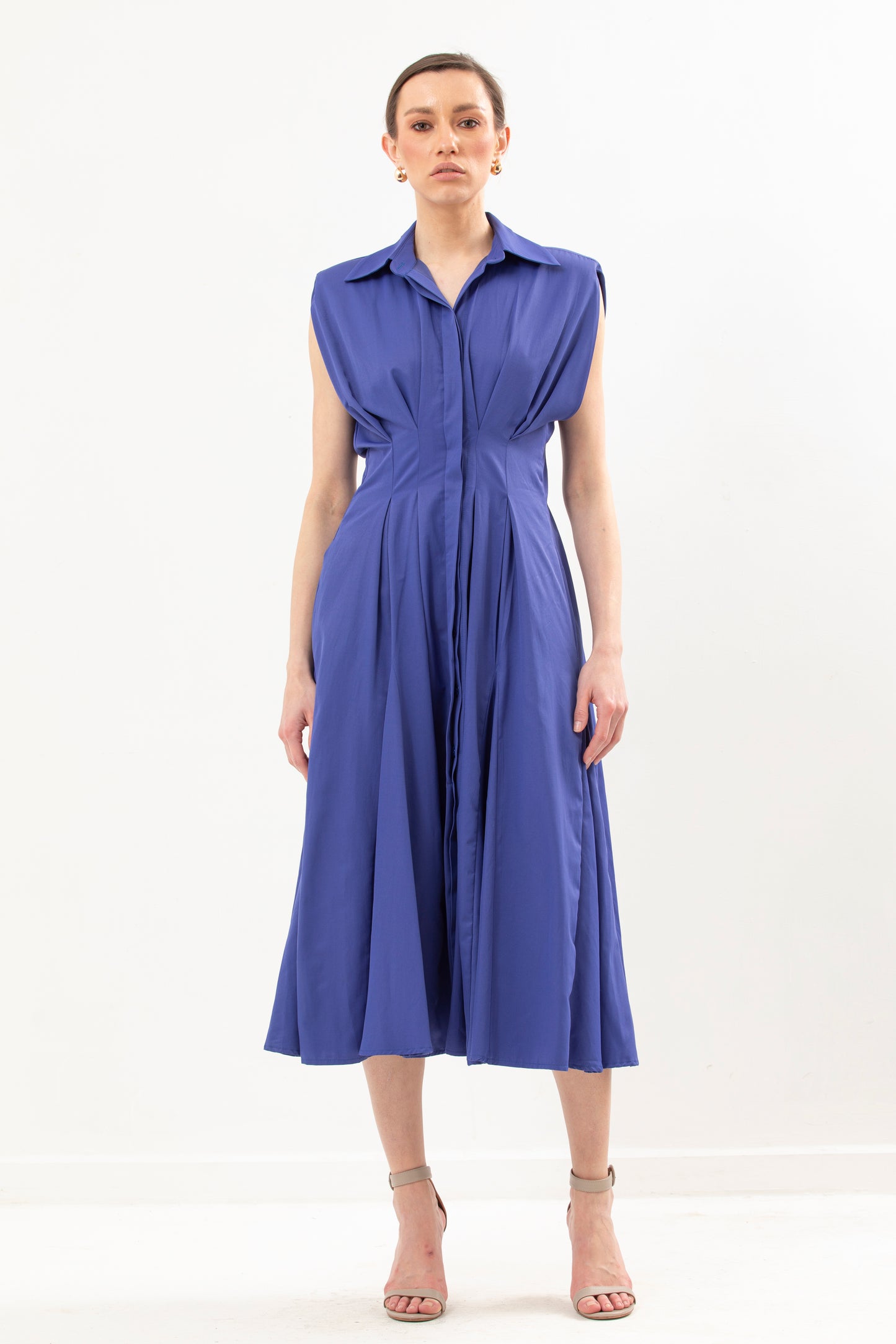 Waisted Long Dress With Structured Shoulder