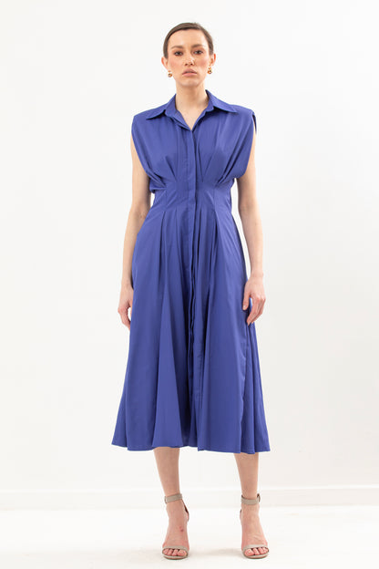 Waisted Long Dress With Structured Shoulder