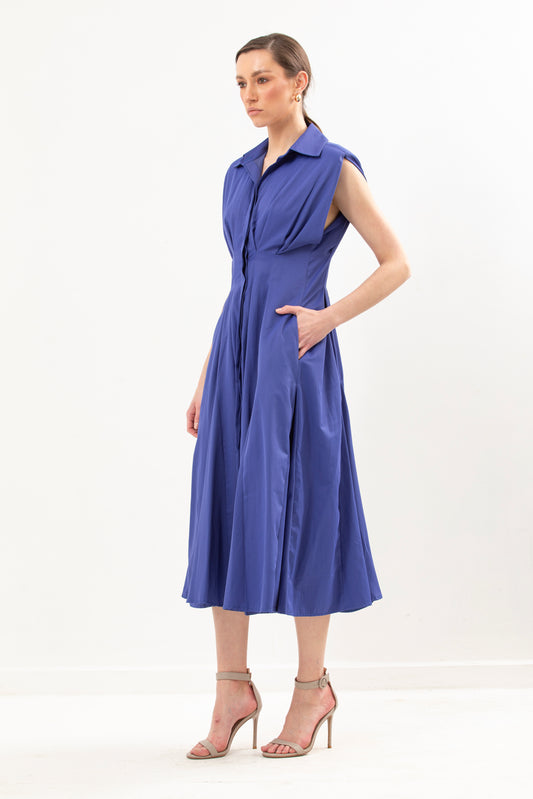 Waisted Long Dress With Structured Shoulder