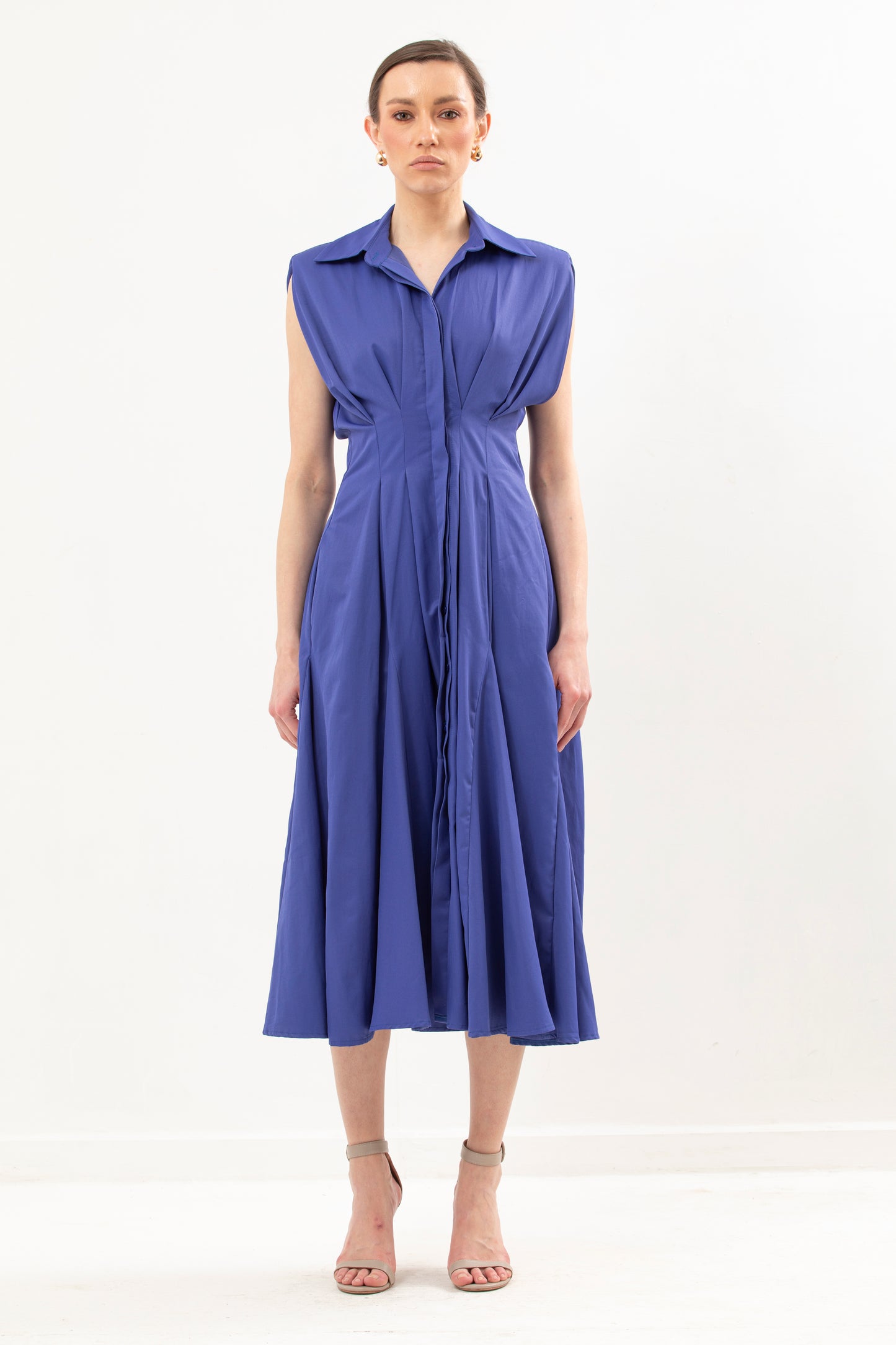 Waisted Long Dress With Structured Shoulder