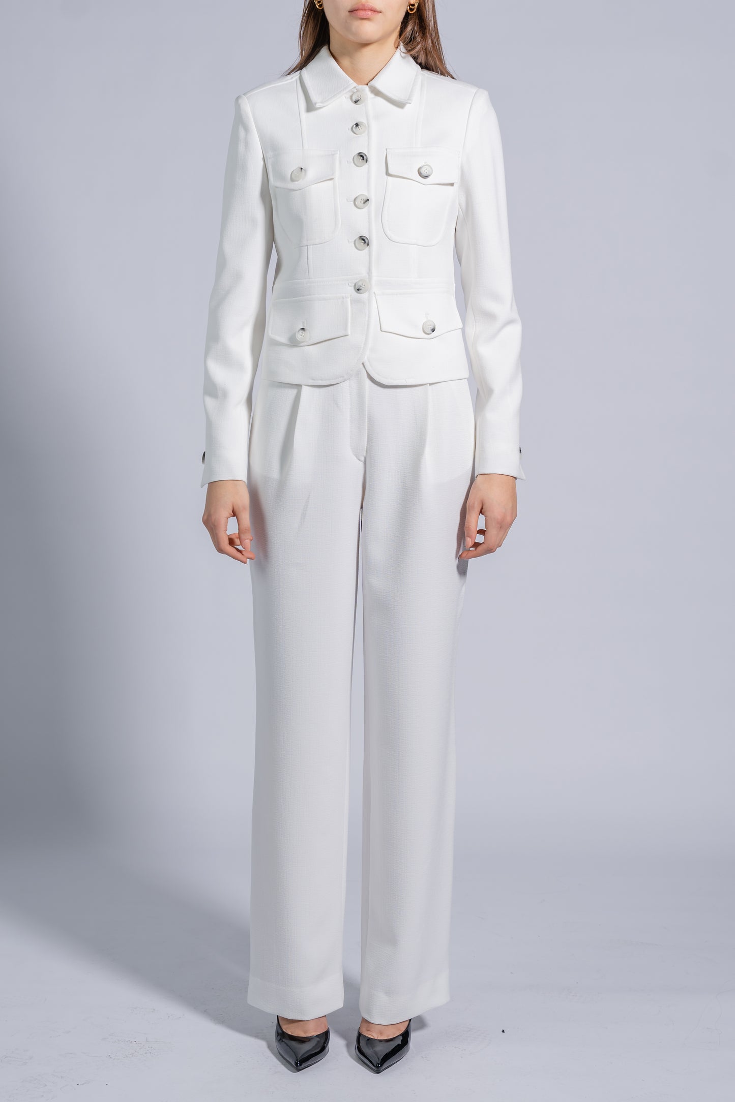 Straight High Waist Trousers with Wide Waistband and Buttons