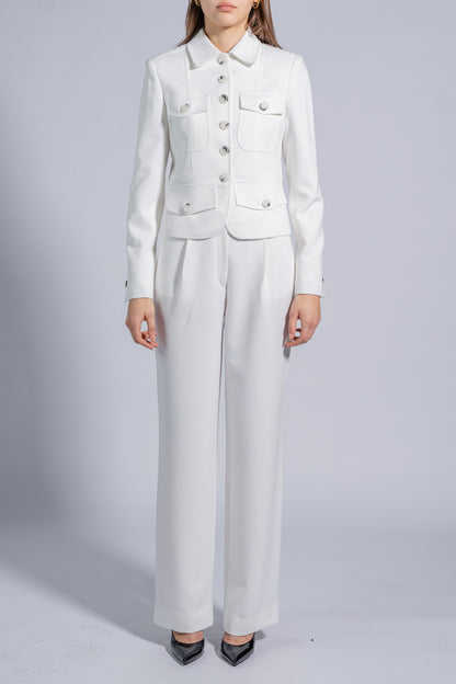 Straight High Waist Trousers with Wide Waistband and Buttons