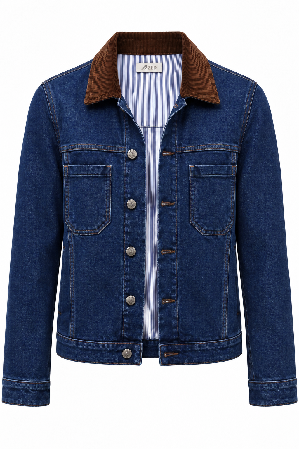 Denim Cotton Jacket with Corduroy Collar and Front Metal Buttons