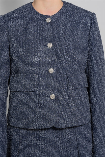 Short Tweed Jacket with a Round Neckline, Patch Pockets and Metal Buttons