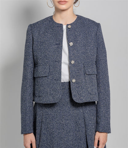Short Tweed Jacket with a Round Neckline, Patch Pockets and Metal Buttons