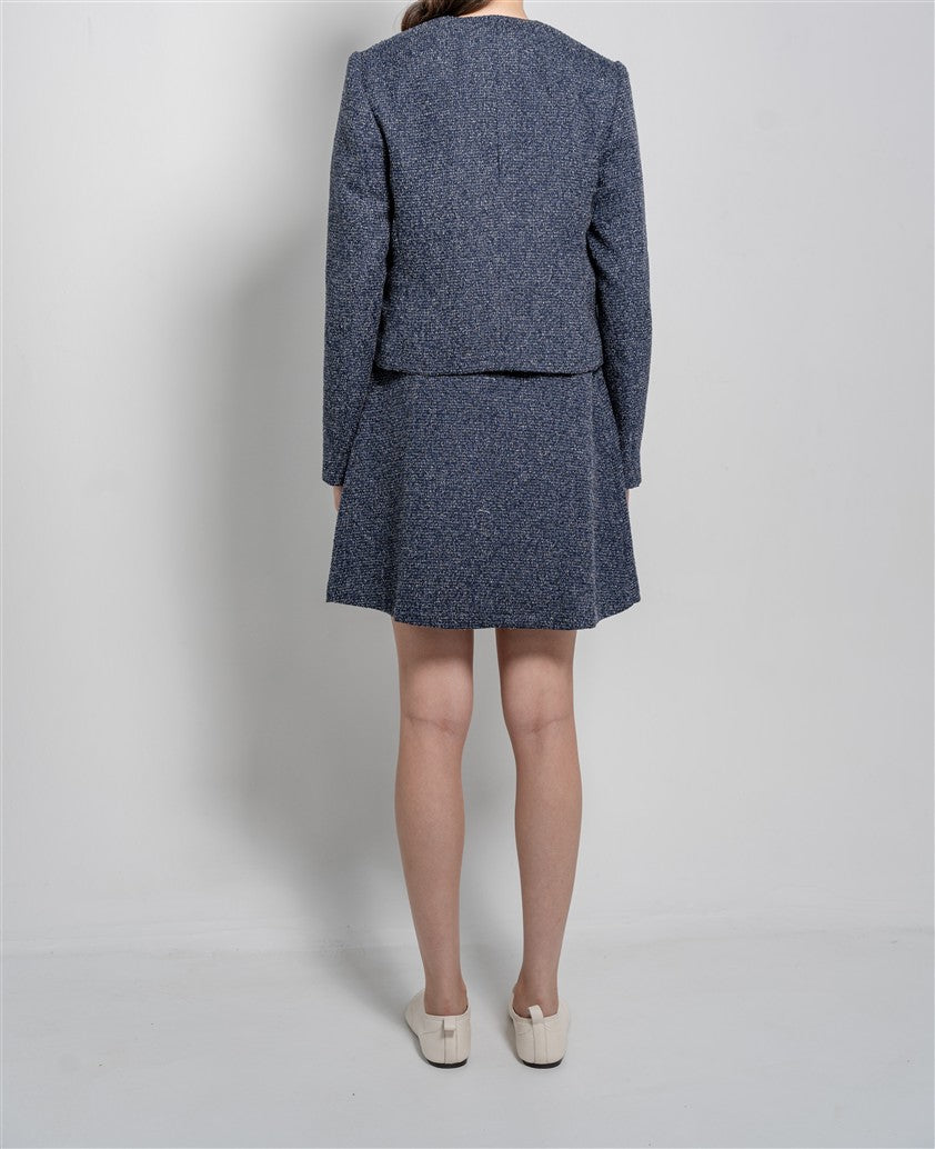 Short Tweed Jacket with a Round Neckline, Patch Pockets and Metal Buttons