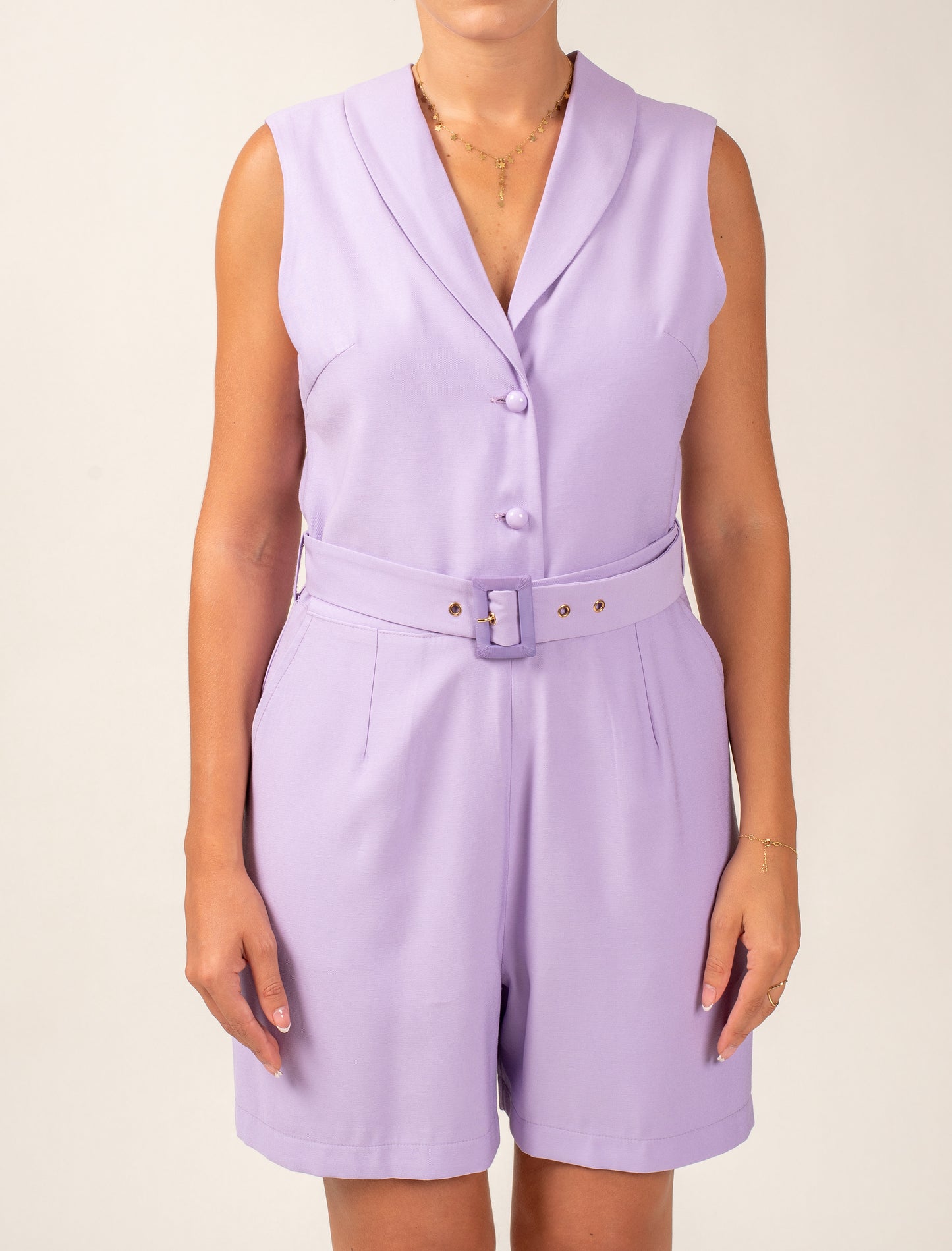 Sleeveless Short Jumpsuit Featuring Shawl Lapel and a Waist Belt