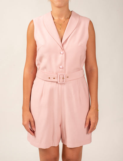 Sleeveless Short Jumpsuit Featuring Shawl Lapel and a Waist Belt