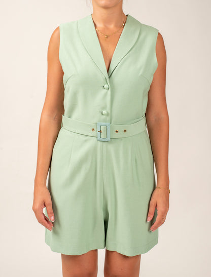 Sleeveless Short Jumpsuit Featuring Shawl Lapel and a Waist Belt