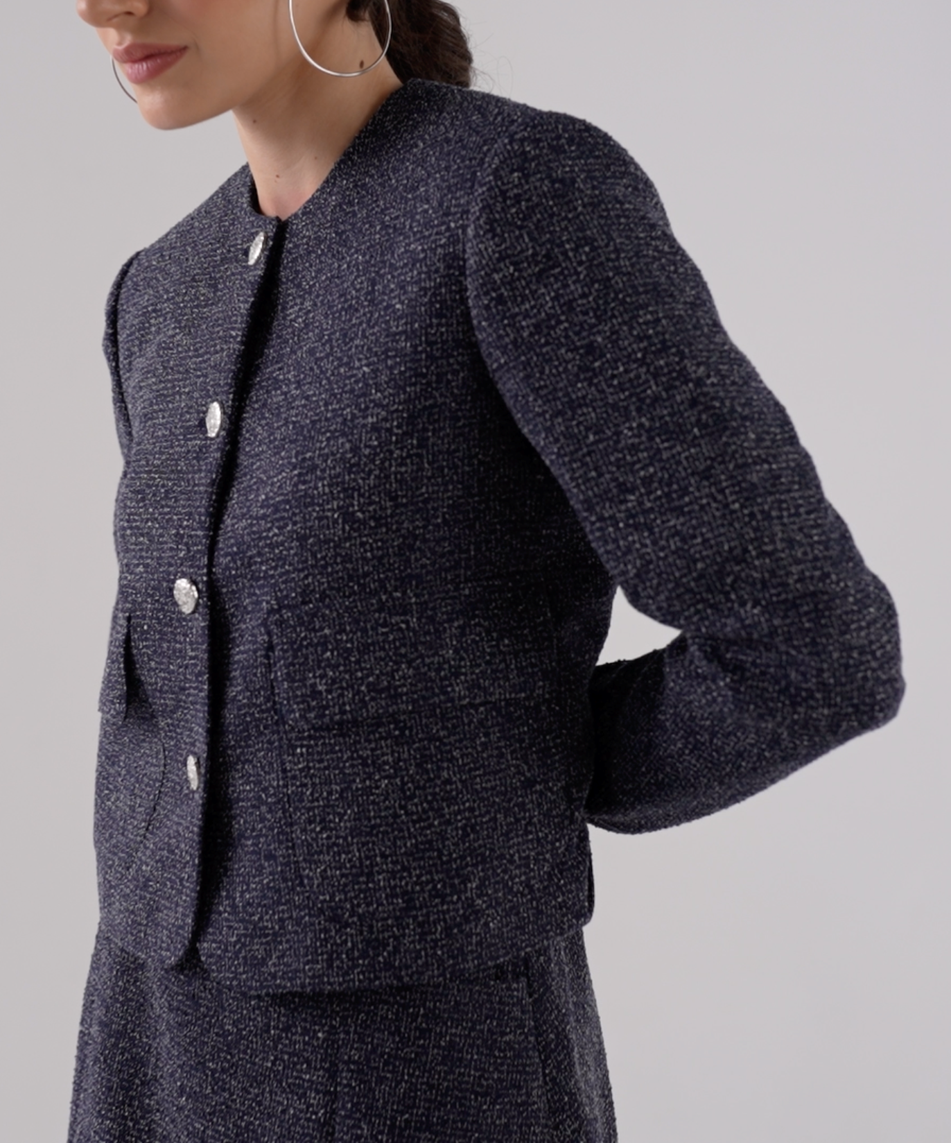 Short Tweed Jacket with a Round Neckline, Patch Pockets and Metal Buttons