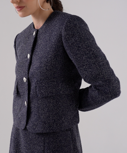 Short Tweed Jacket with a Round Neckline, Patch Pockets and Metal Buttons