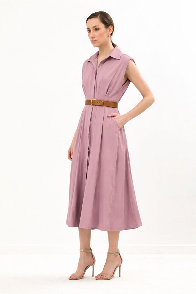 Waisted Sleeveless Dress With Structured Shoulders