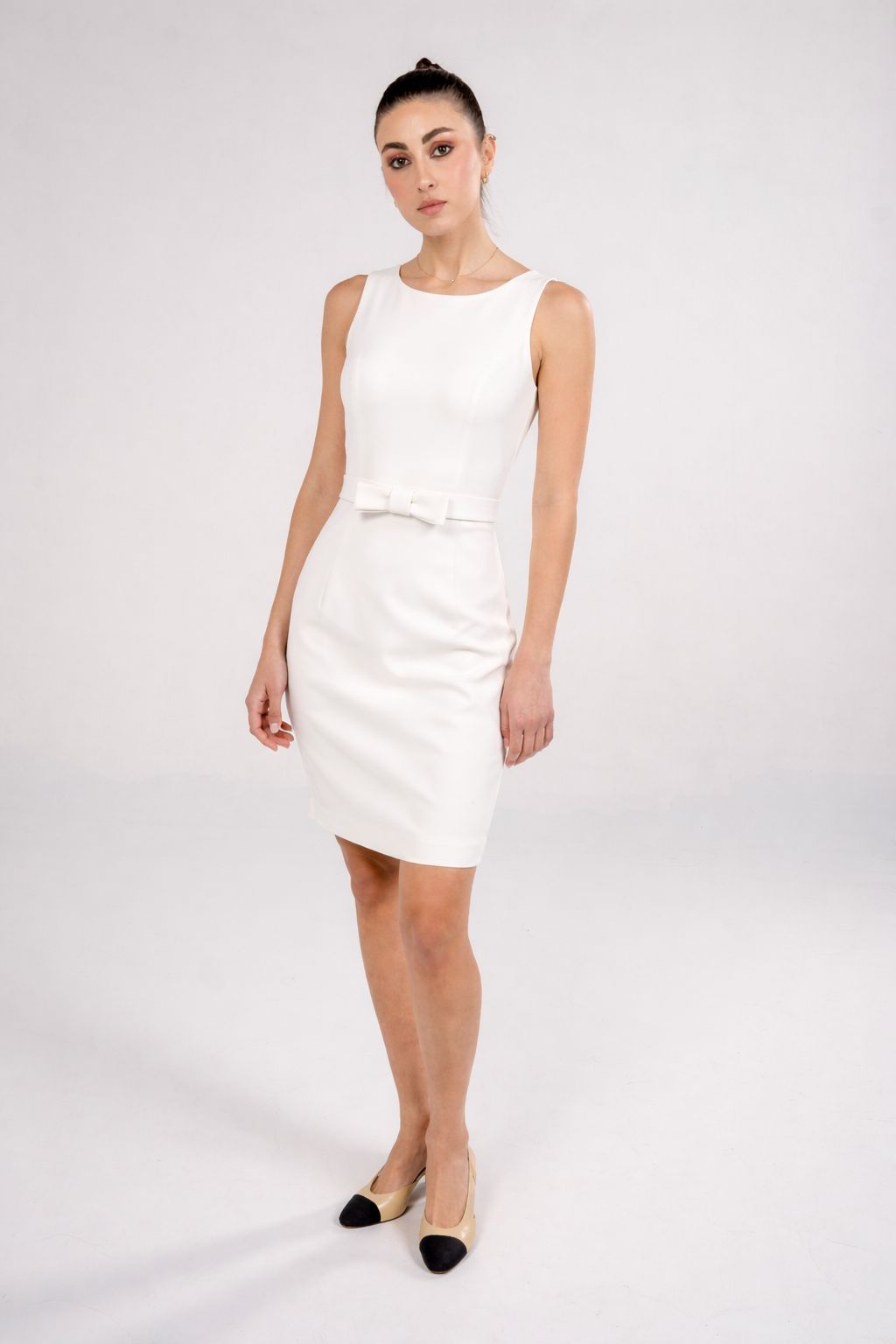 Knee Length Round Neck Dress With Bow Detail
