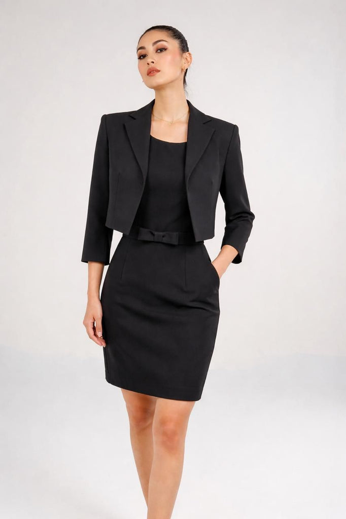 Knee Length Round Neck Dress With Bow Detail