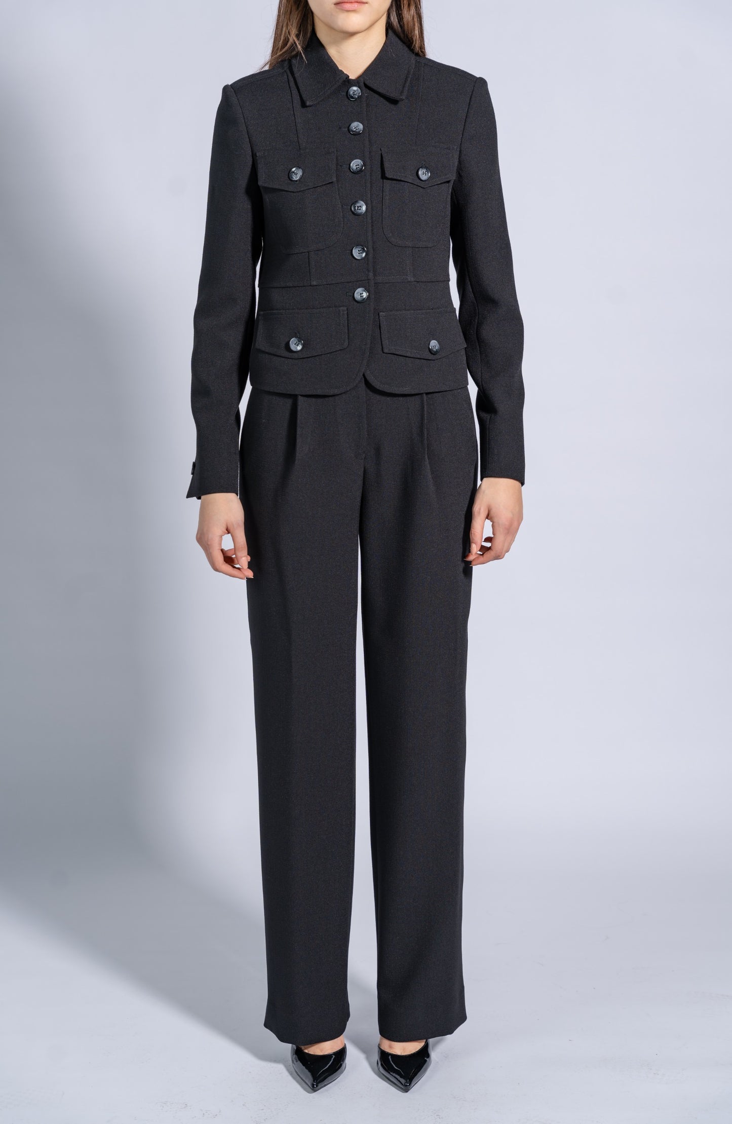 Straight High Waist Trousers with Wide Waistband and Buttons