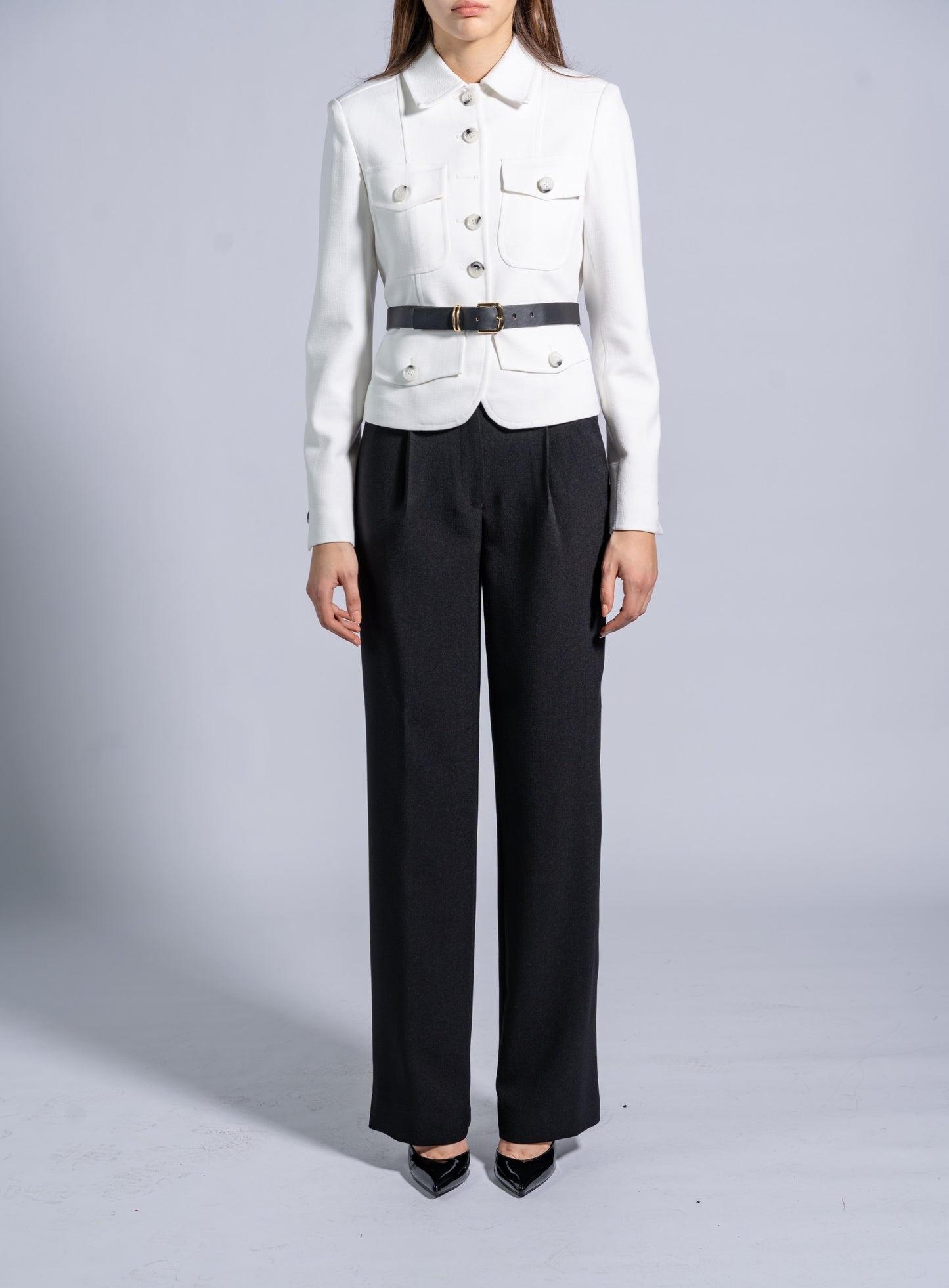 Straight High Waist Trousers with Wide Waistband and Buttons