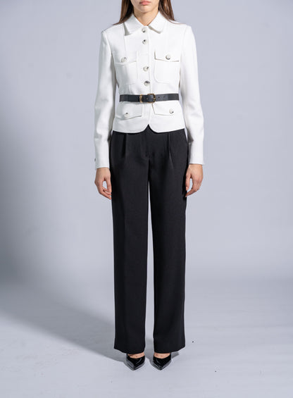 Straight High Waist Trousers with Wide Waistband and Buttons