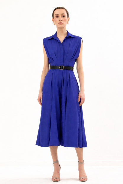 Waisted Sleeveless Dress With Structured Shoulders