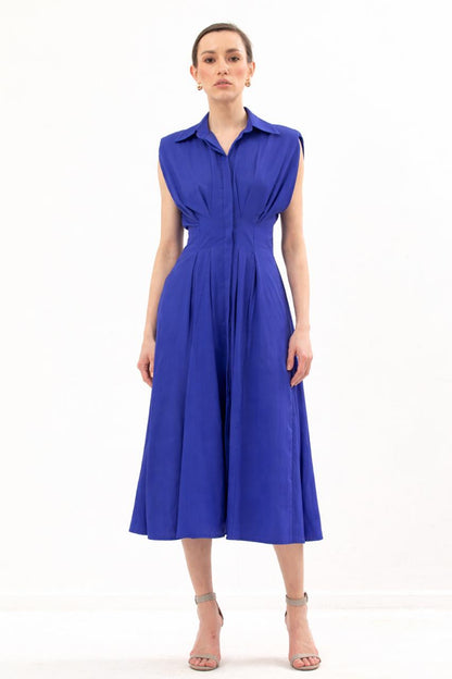 Waisted Sleeveless Dress With Structured Shoulders
