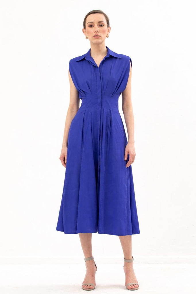 Waisted Sleeveless Dress With Structured Shoulders