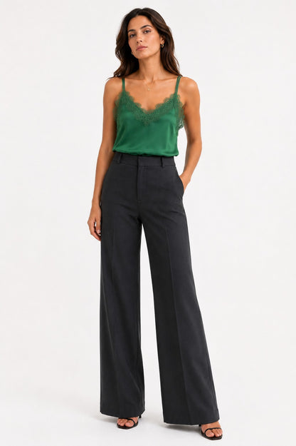 Satin Camisole Top Spaghetti Shoulder Straps, Lace-Trimmed V-Neck