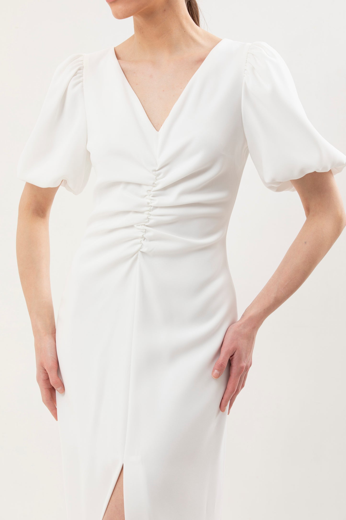 Rushed Dress With Front Slit and 1/2 Puff Sleeves