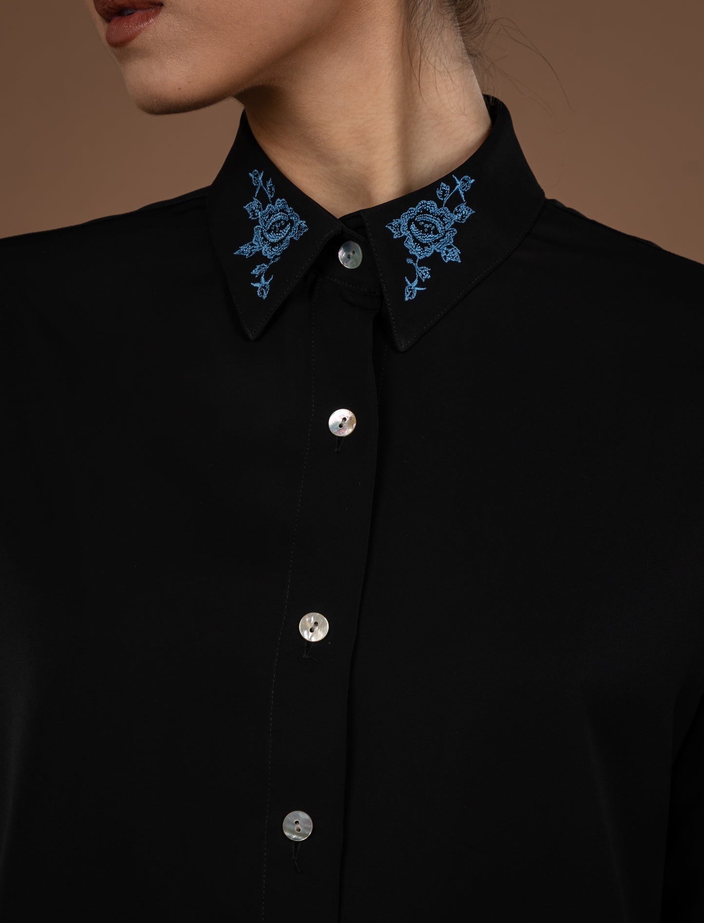 Satin Classic Shirt With Pearl Buttons with Embroidery