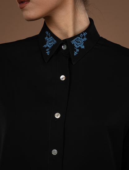 Satin Classic Shirt With Pearl Buttons with Embroidery