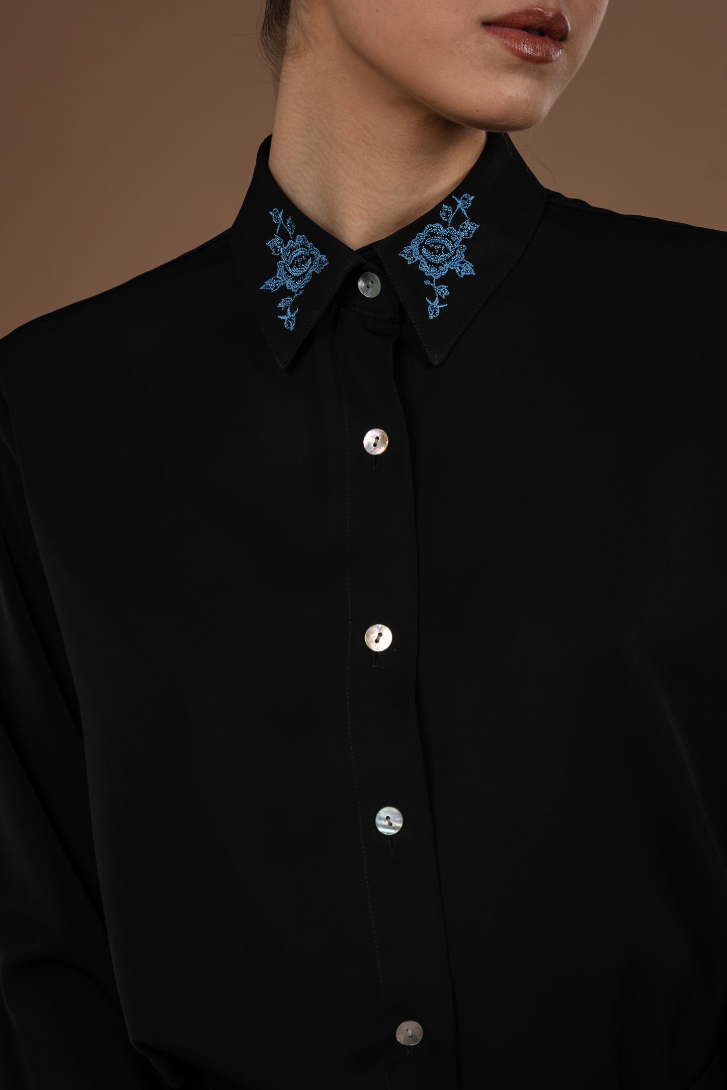 Satin Classic Shirt With Pearl Buttons with Embroidery