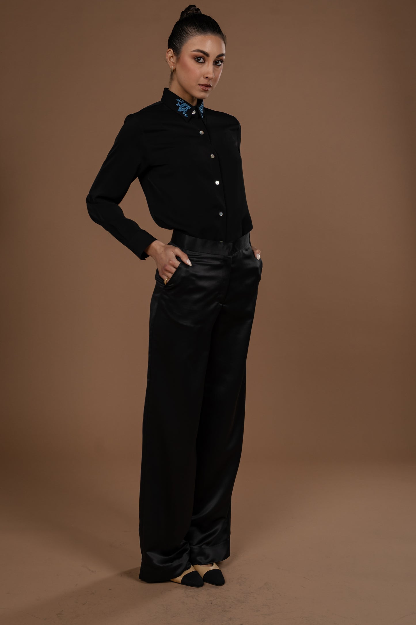 Satin Classic Shirt With Pearl Buttons with Embroidery