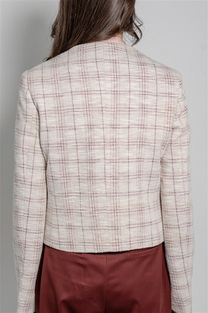 Short Tweed Jacket with a Round Neckline, Patch Pockets and Metal Buttons