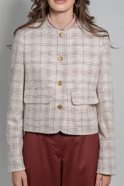 Short Tweed Jacket with a Round Neckline, Patch Pockets and Metal Buttons