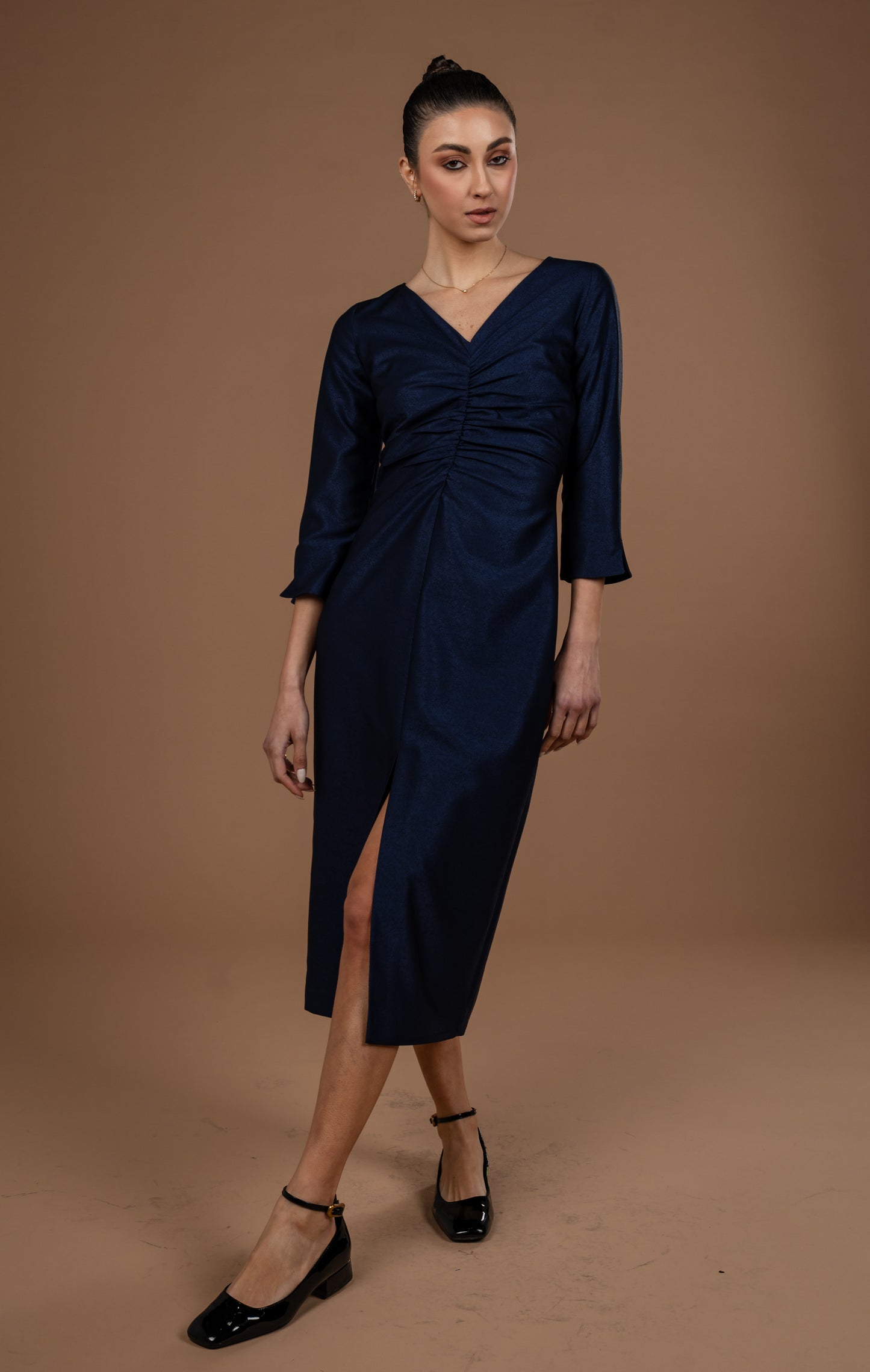 Gathered Midi Dress With Long Sleeves