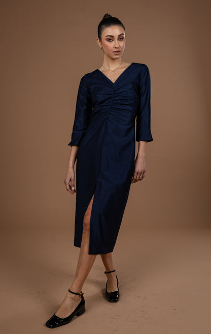 Gathered Midi Dress With Long Sleeves
