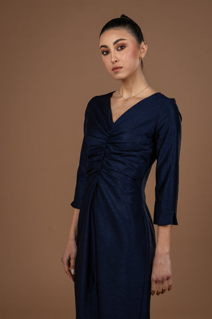 Gathered Midi Dress With Long Sleeves