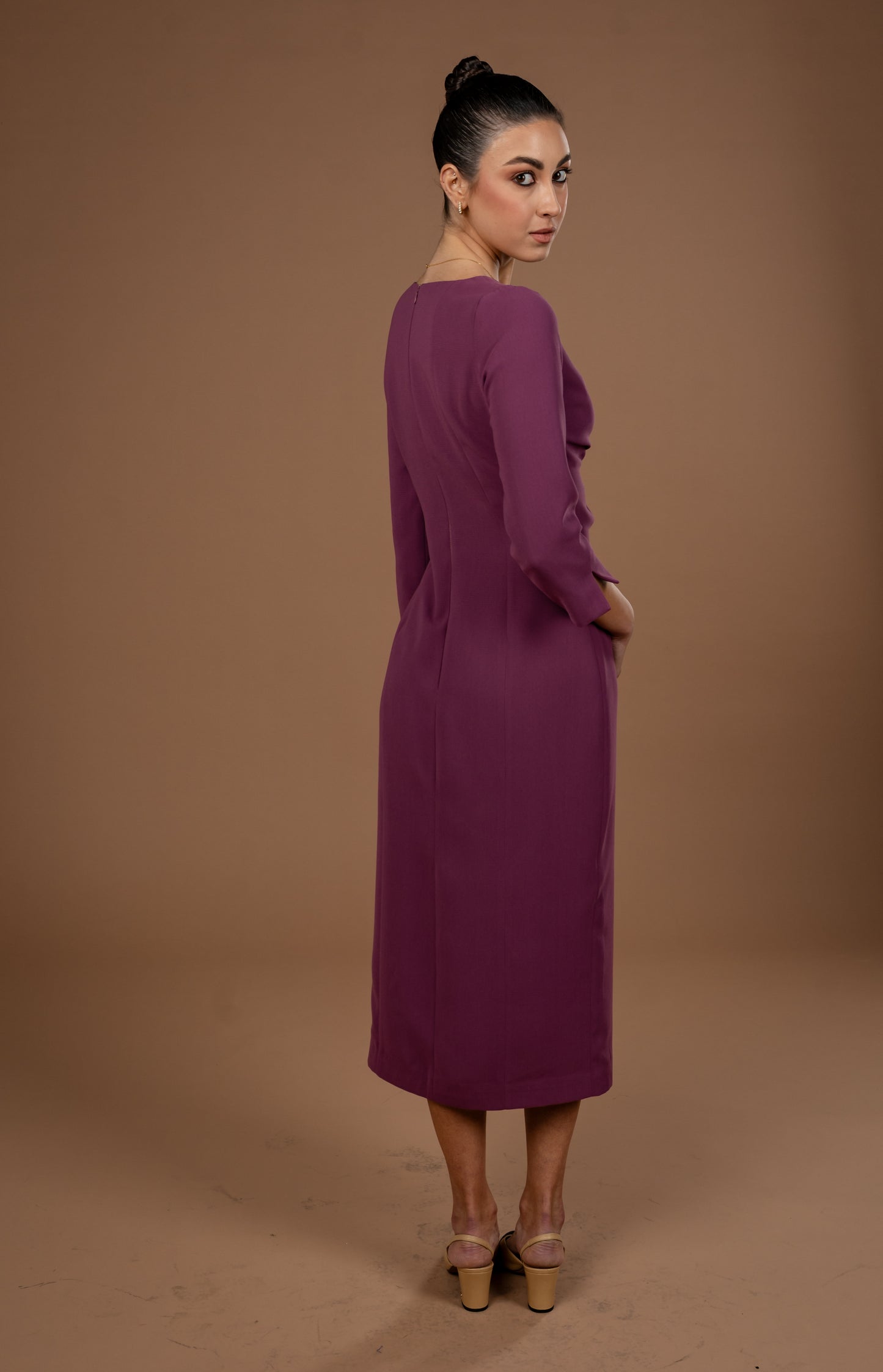 Gathered Midi Dress With Long Sleeves