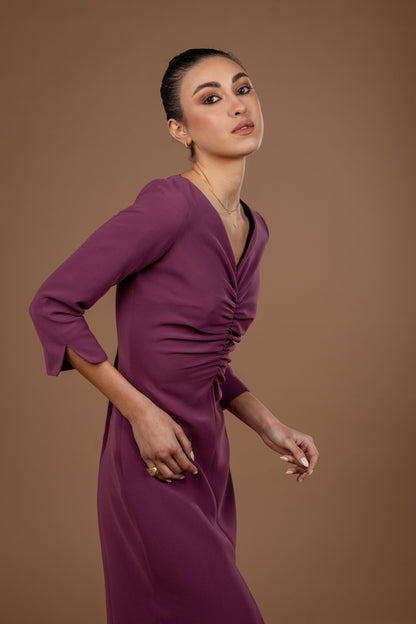 Gathered Midi Dress With Long Sleeves