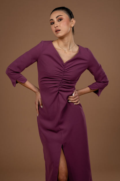 Gathered Midi Dress With Long Sleeves