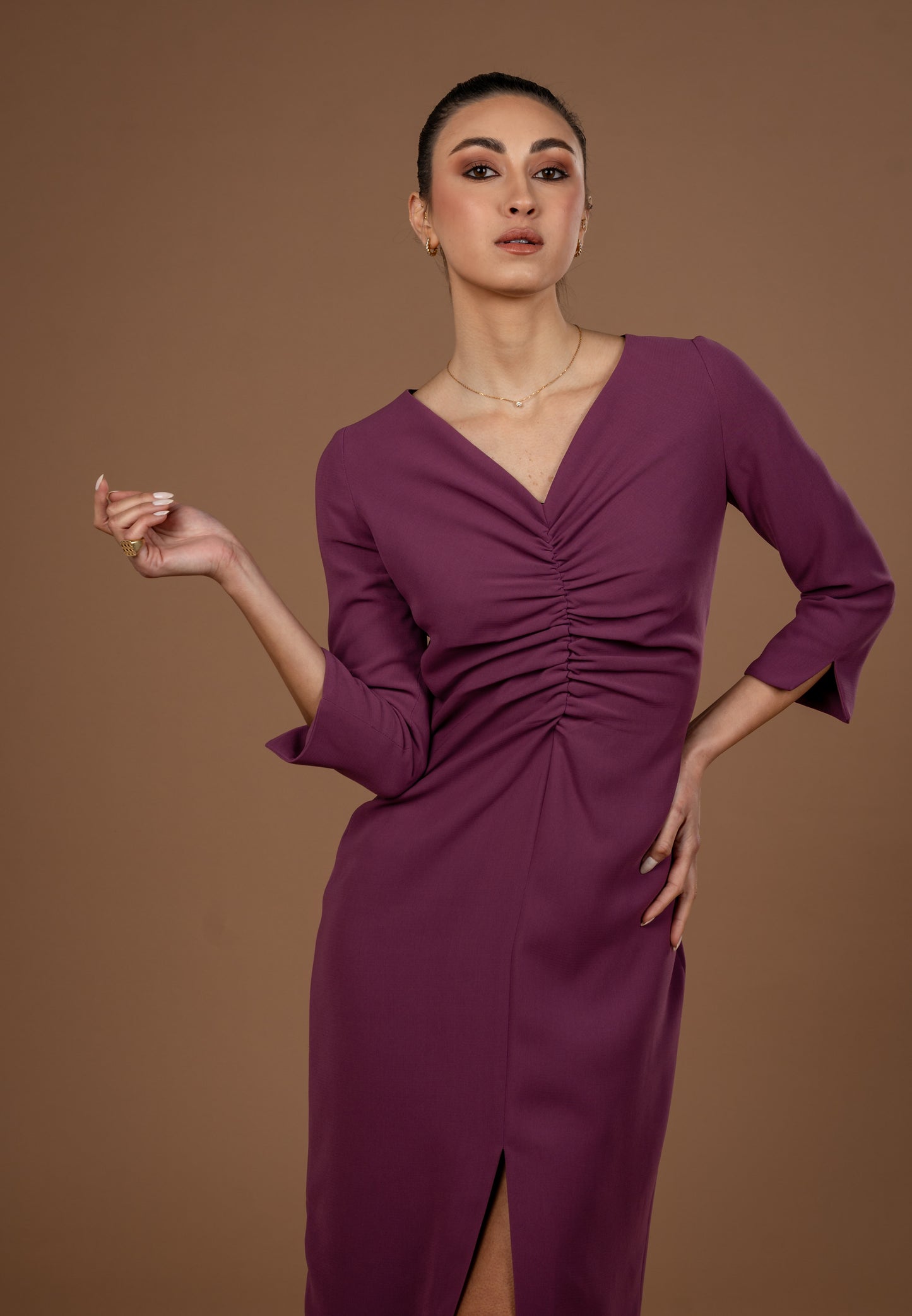 Gathered Midi Dress With Long Sleeves