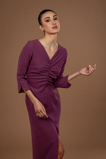 Gathered Midi Dress With Long Sleeves