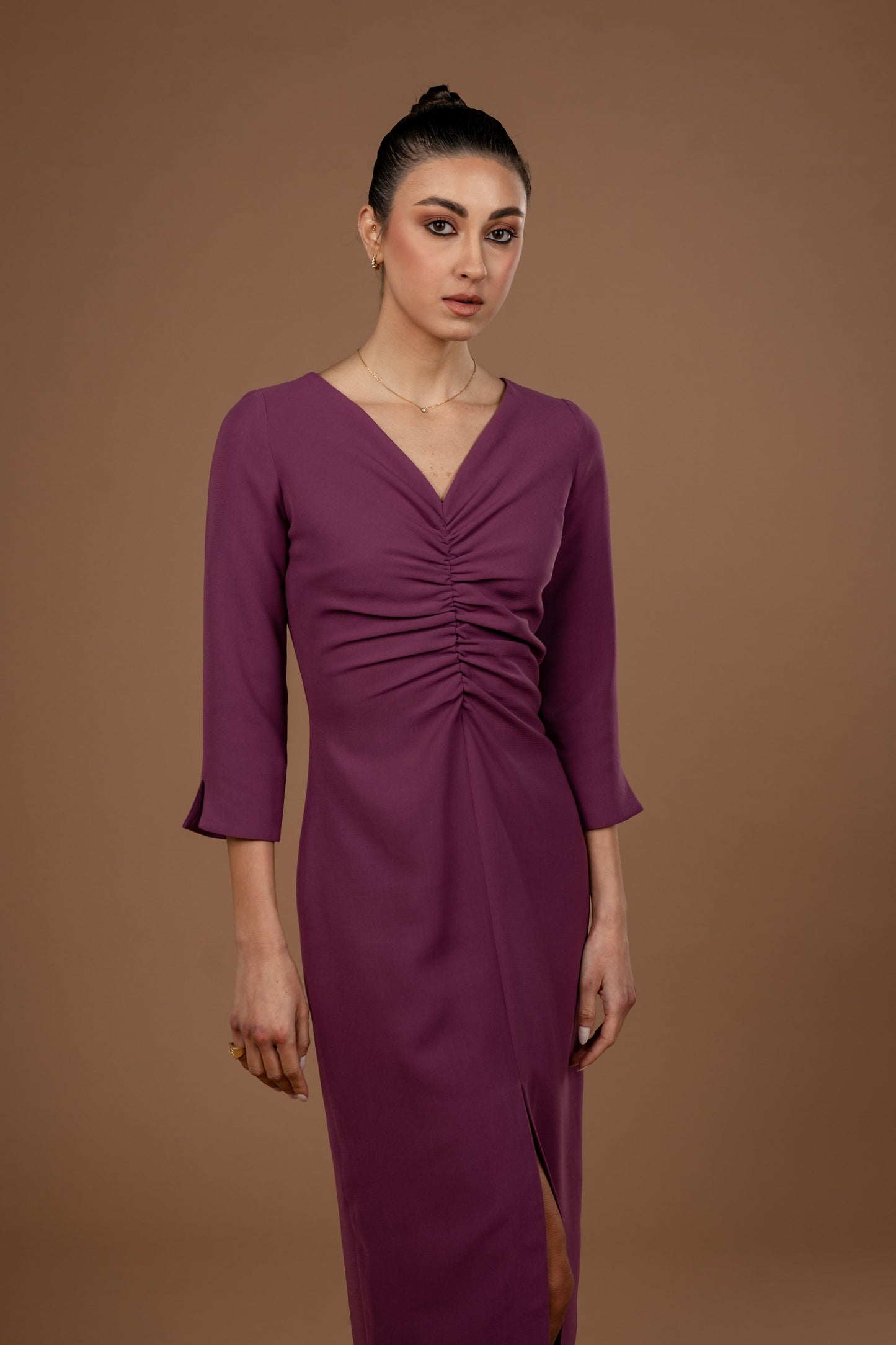 Gathered Midi Dress With Long Sleeves